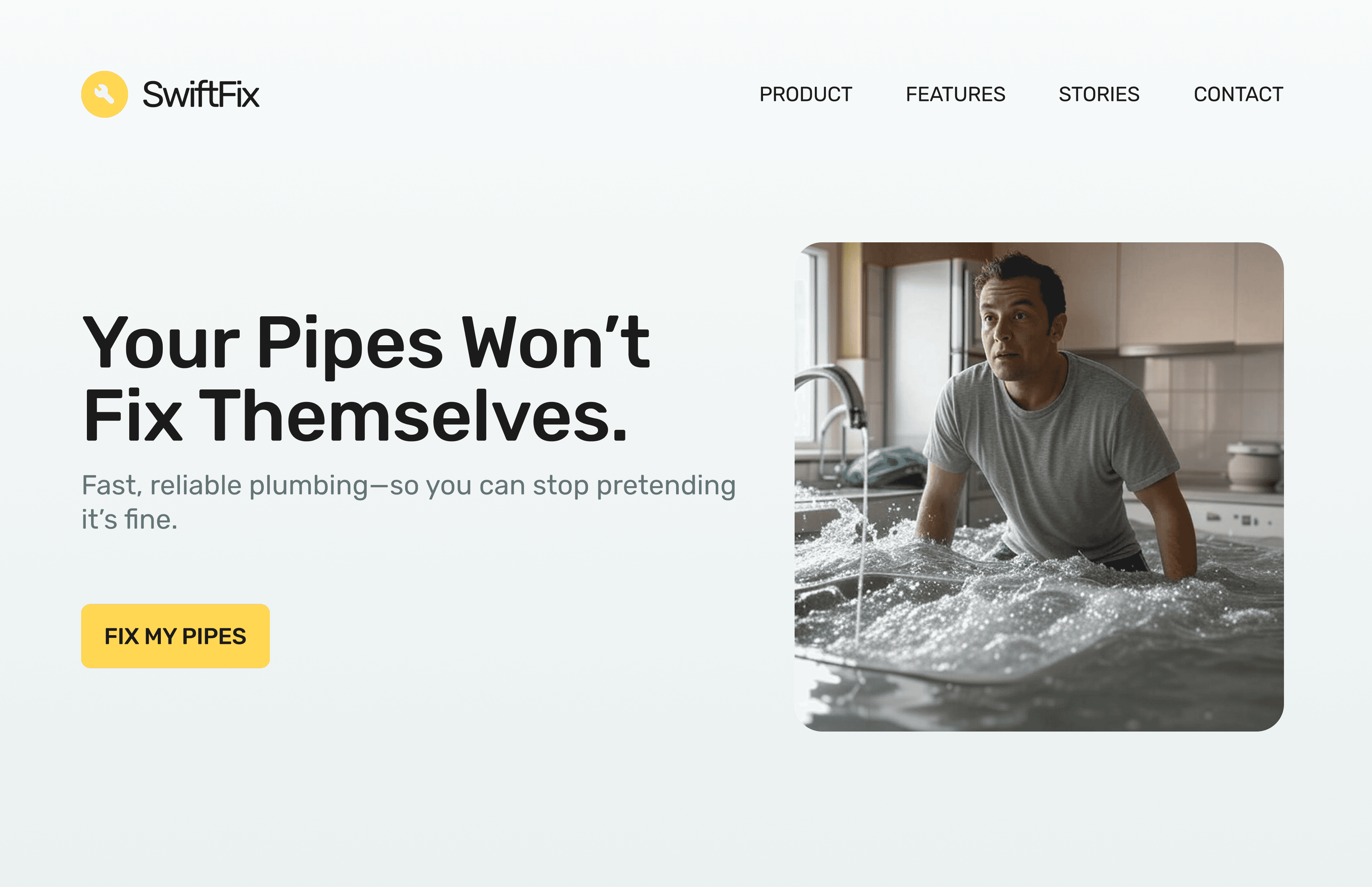 Bold and humorous plumbing service focused on simple repairs with yellow accent.